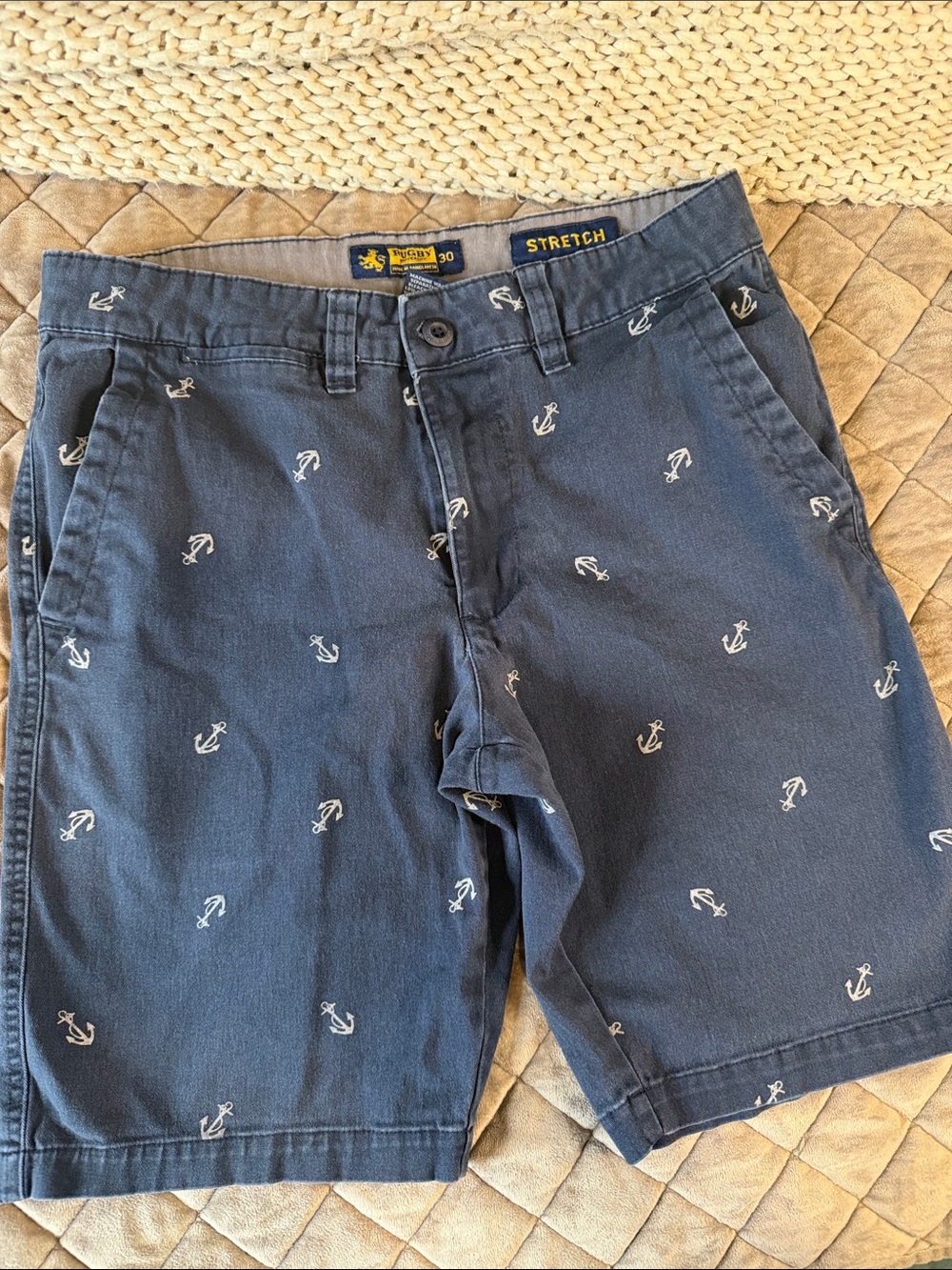 Rugby University Men's Navy Anchor-Embroidered Flat Front Stretch Shorts